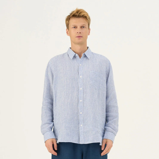 Linneskjorta, unisex (Blue Whte Stripes)