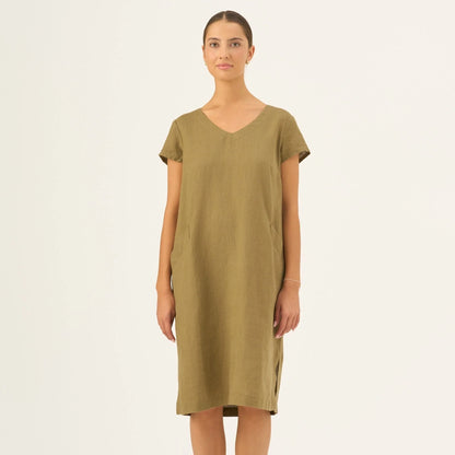 Klänning i linne, kortärmad med fickor (Olive Khaki)