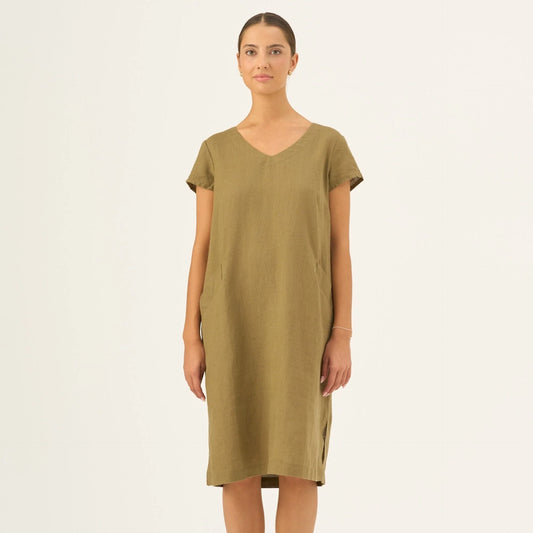 Klänning i linne, kortärmad med fickor (Olive Khaki)