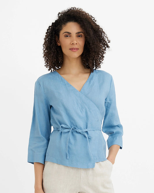 Blus, omlott i linne (Soft blue)