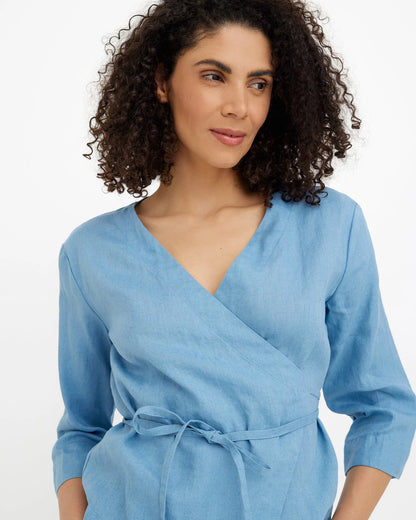 Blus, omlott i linne (Soft blue)
